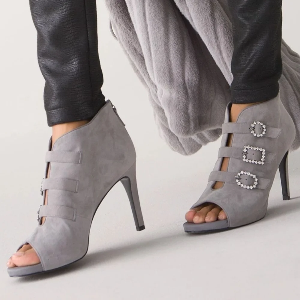 White House Black Market Open Toe Suede Gray Gem Buckle Booties size 6.5M